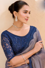 Grey Silk Saree Navy Blue Designer Embroidered Border