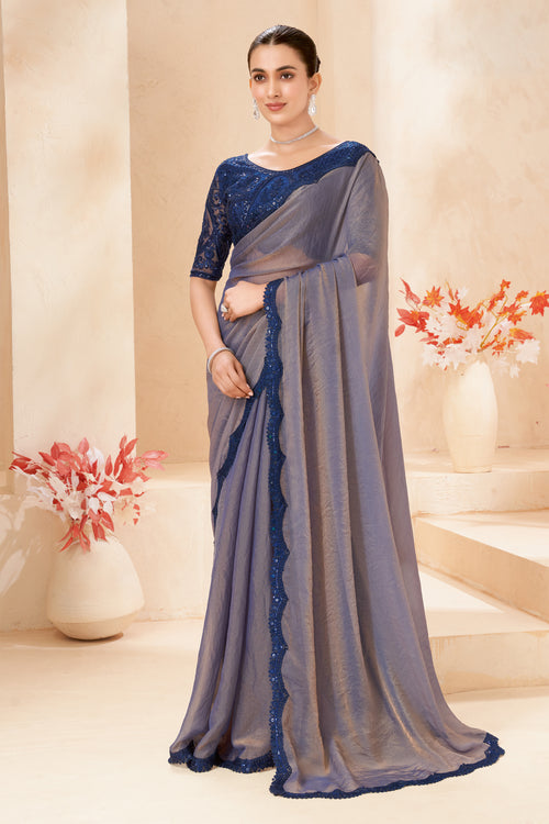 Grey Silk Saree Navy Blue Designer Embroidered Border