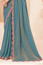 Dusty Blue Silk Saree with Pink Designer Embroidered Border