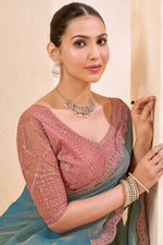 Dusty Blue Silk Saree with Pink Designer Embroidered Border