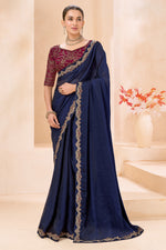 Navy Blue Silk Saree Designer Embroidered Border Party Wear Saree