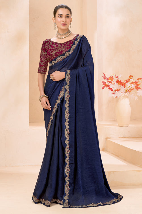 Navy Blue Silk Saree Designer Embroidered Border Party Wear Saree