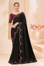 Black Silk Saree with Wine Designer Embroidered Border