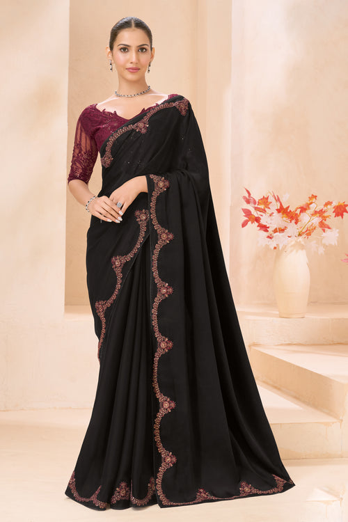 Black Silk Saree with Wine Designer Embroidered Border