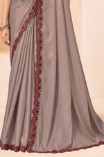 Taupe Grey Silk Saree with Wine Designer Embroidered Border
