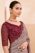 Taupe Grey Silk Saree with Wine Designer Embroidered Border