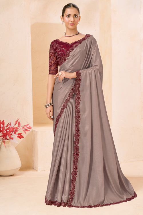 Taupe Grey Silk Saree with Wine Designer Embroidered Border