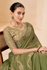 Olive Green Silk Saree with Designer Embroidered Border