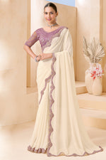Cream Embroidered Designer Saree with Lavender Blouse