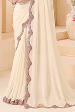 Cream Embroidered Designer Saree with Lavender Blouse