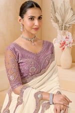Cream Embroidered Designer Saree with Lavender Blouse