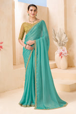 Sea Green Designer Saree with Golden Embroidered Blouse