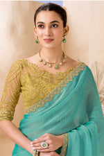 Sea Green Designer Saree with Golden Embroidered Blouse