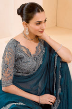 Teal Blue Designer Saree with Grey Embroidered Blouse
