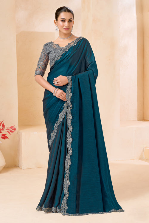 Teal Blue Designer Saree with Grey Embroidered Blouse