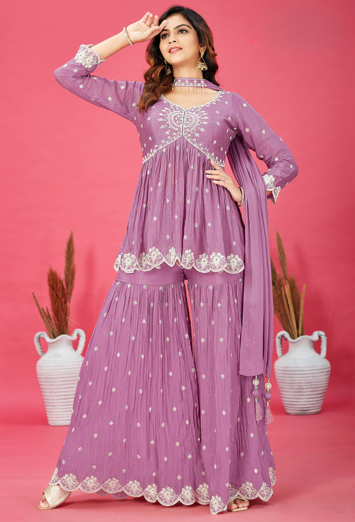 Light Pink Georgette Sequins Embellished Palazzo Suit