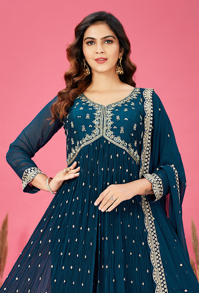 Rama Blue Color Embroidered Palazzo Suit Set