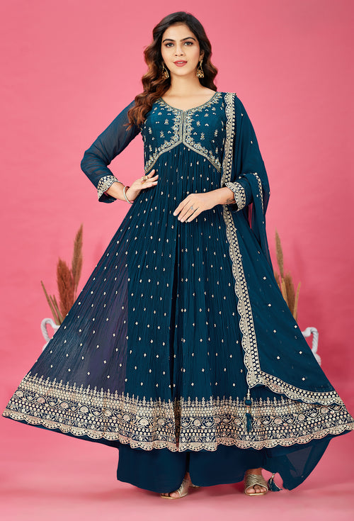 Rama Blue Color Embroidered Palazzo Suit Set