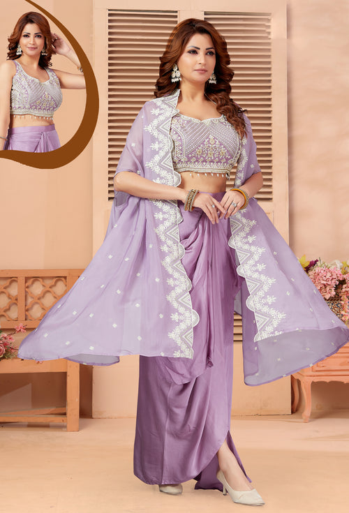 Wine Purple Embroidered Crop Top And In Satin With Dhoti