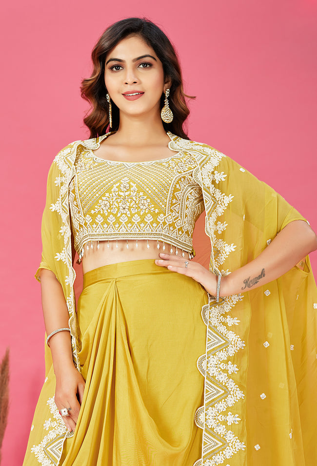 Mustard Yellow Embroidered Crop Top And In Satin With Dhoti