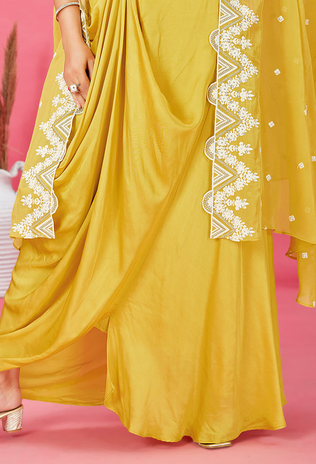 Mustard Yellow Embroidered Crop Top And In Satin With Dhoti