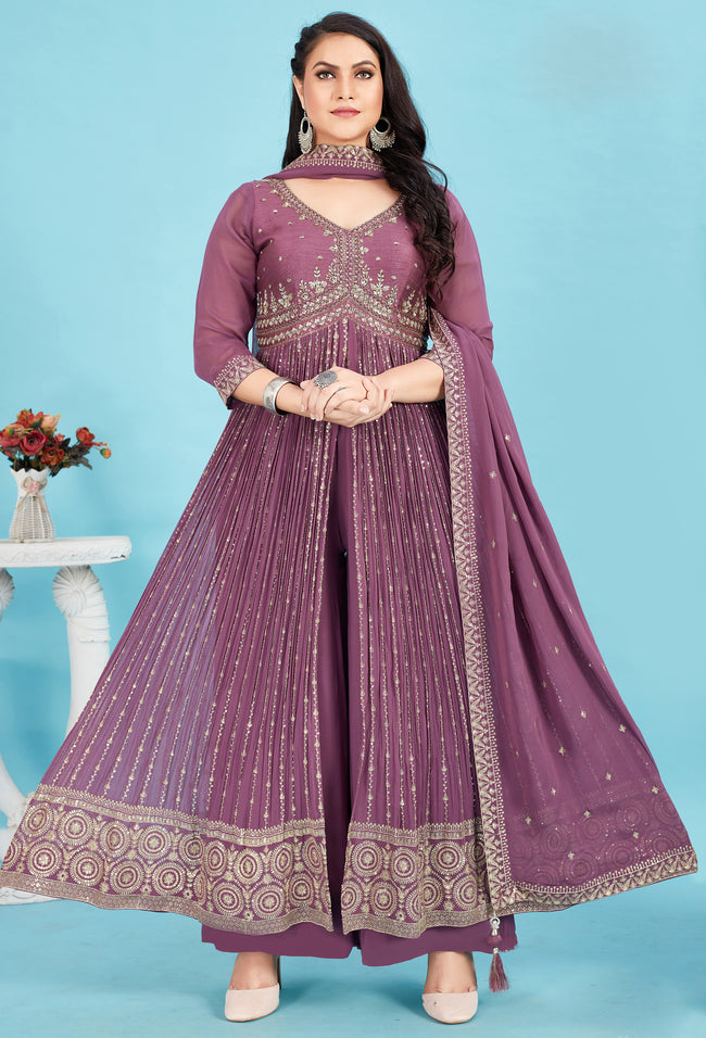 Wine Purple Georgette Embroidered Palazzo Suit