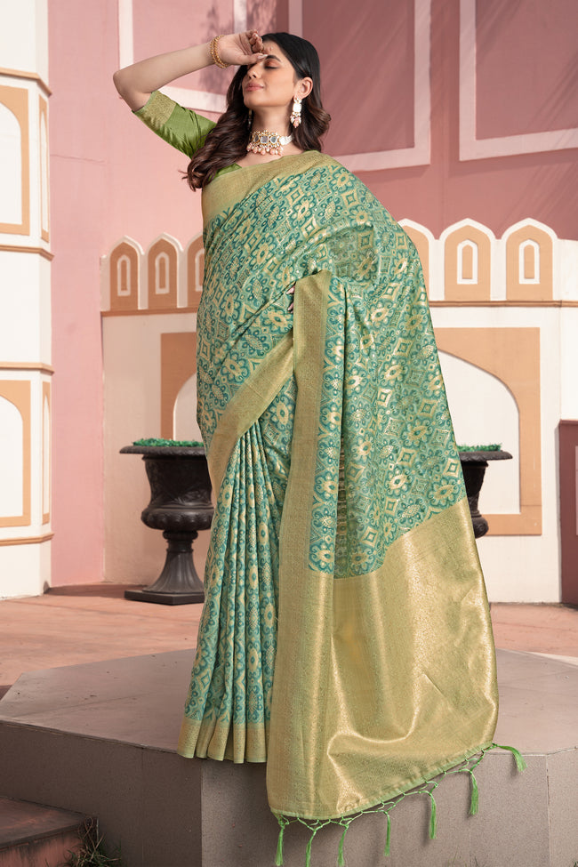 Green Ikat Silk Cotton Saree With Zari Woven Elegance