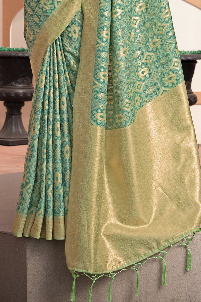 Green Ikat Silk Cotton Saree With Zari Woven Elegance