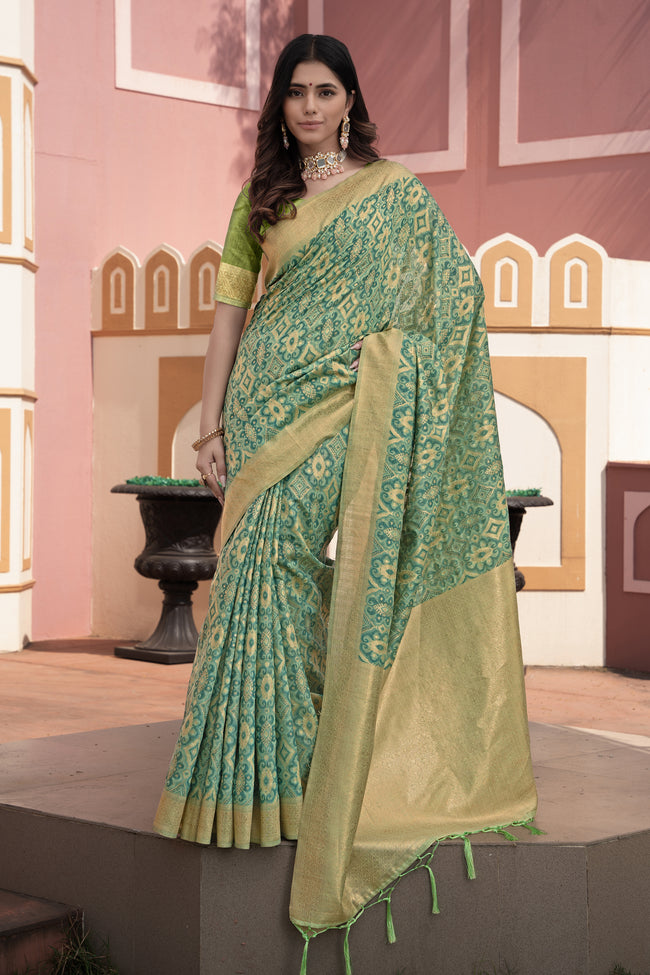 Green Ikat Silk Cotton Saree With Zari Woven Elegance