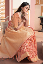 Peach Ikat Silk Cotton Saree With Zari Woven Grace