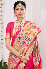 Fluorescent Pink Banarasi Silk Saree With Paithani Pallu And Blouse Piece