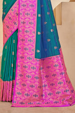 Teal Blue & Magenta Woven Festival Wear Silk Saree With Blouse Piece