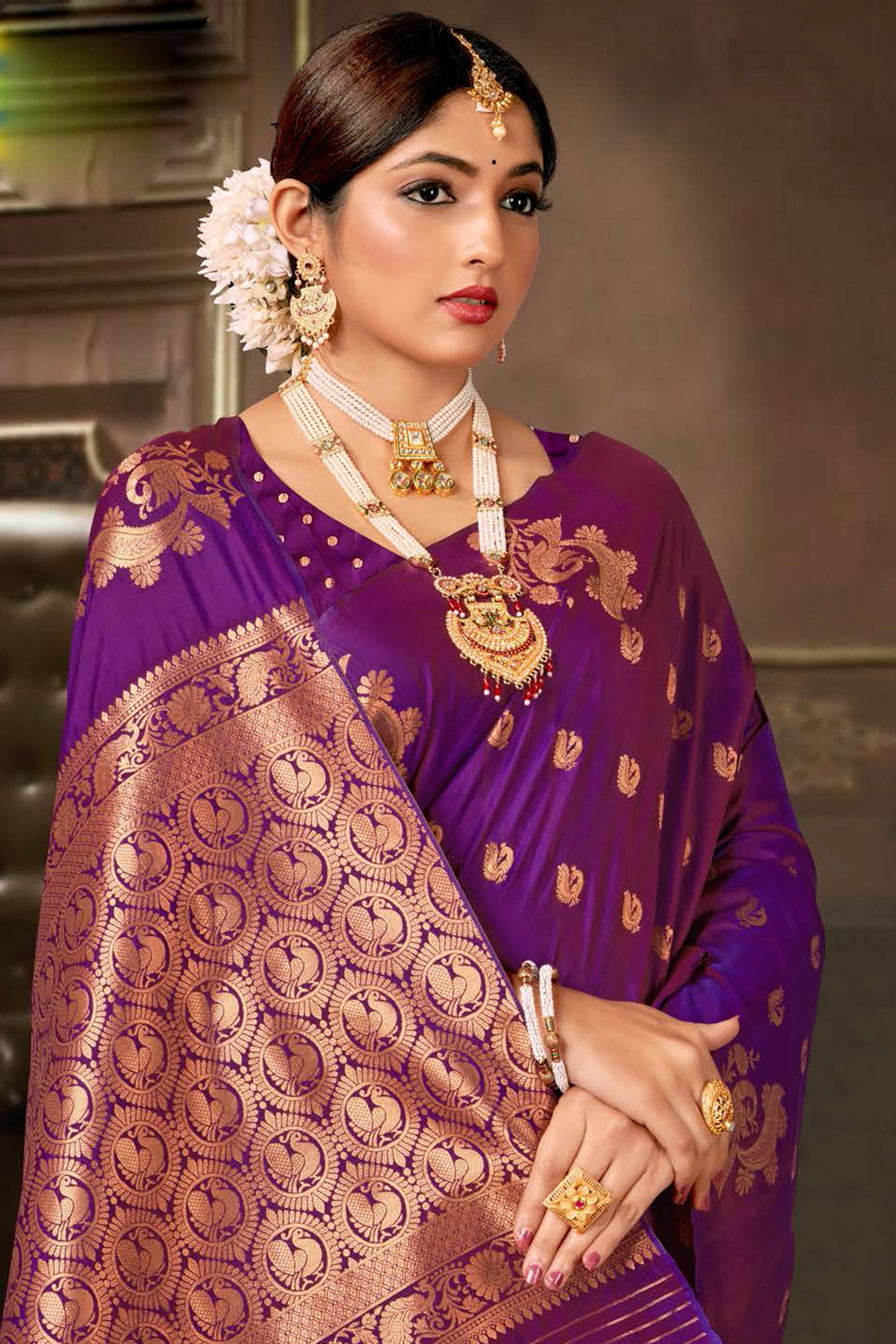 Luminous Dark Purple Banarasi Linen Saree with Silver Zari Border -  Loomfolks