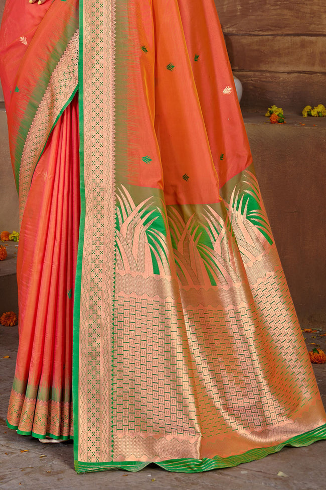 Orange With Green Border Silk Traditional Saree