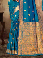 Teal Blue Banarasi Silk Festival Traditional Saree With Blouse