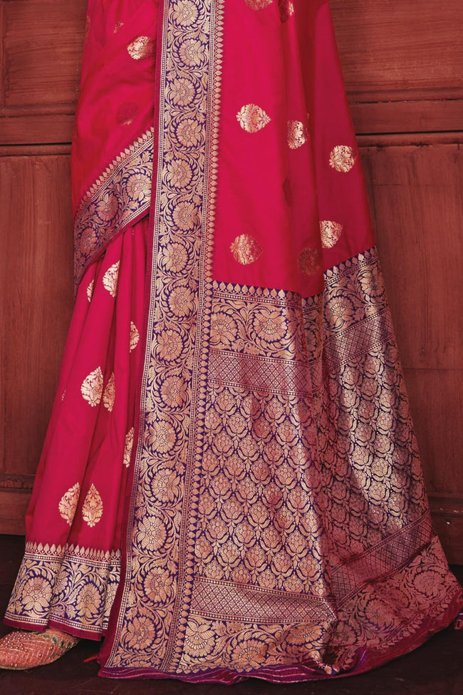Bright Red with Blue Border Silk Wedding Saree