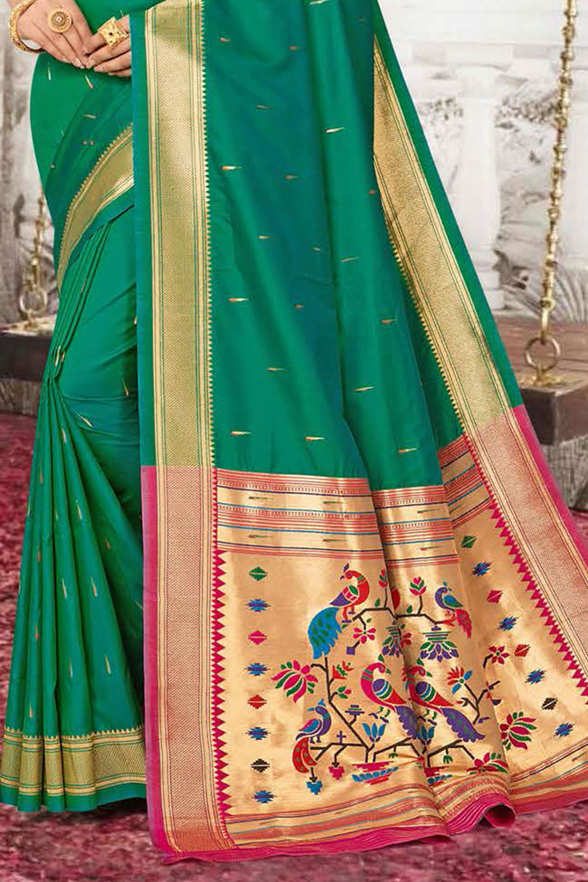 Green With Pink Woven Art Silk Paithani  Saree