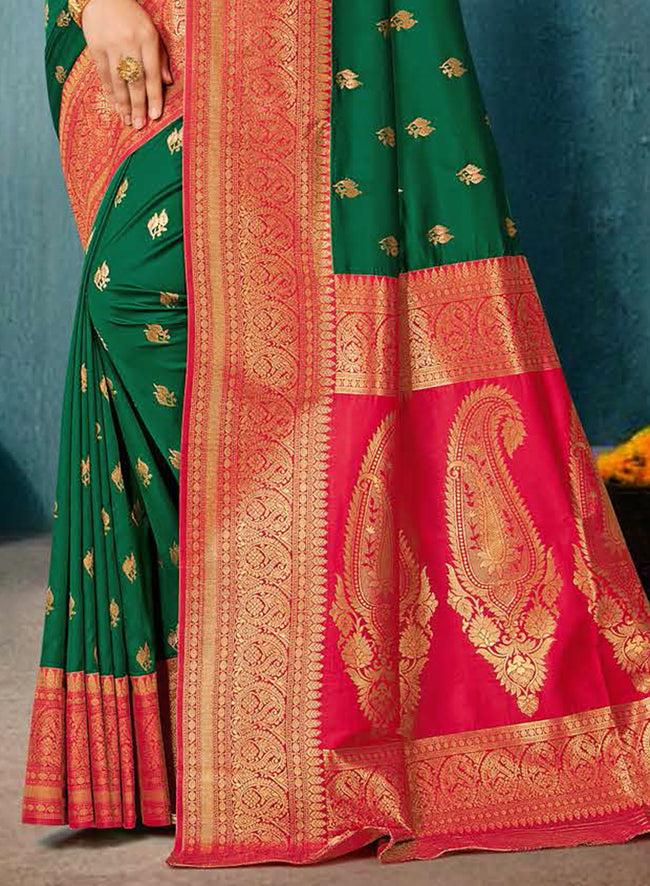 Green And Red Zari Enhanced Silk Saree With Blouse Piece
