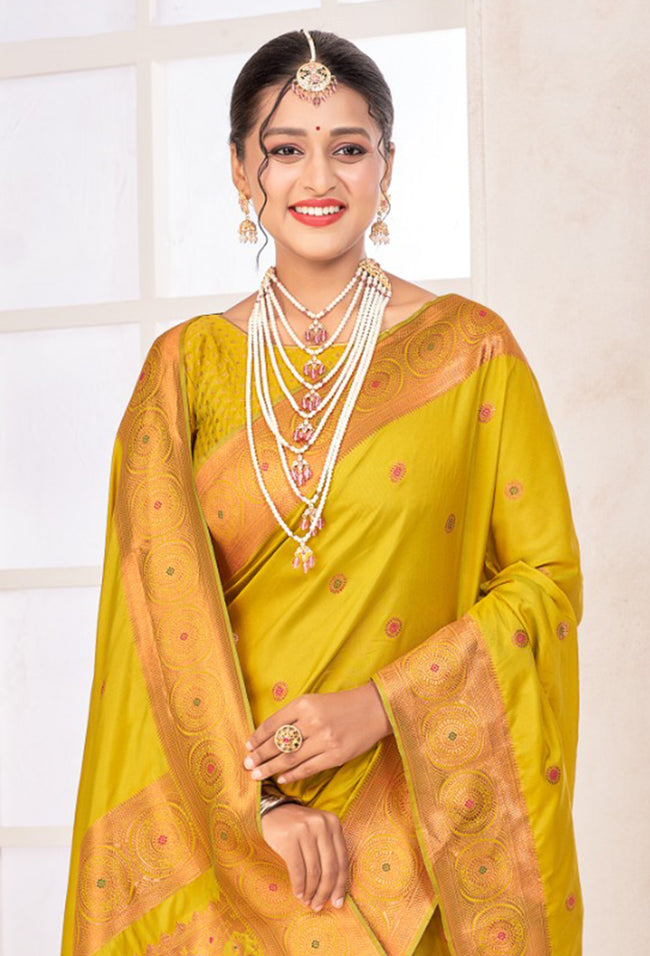 Mustard Yellow Arts Silk Paithani Saree With Blouse Piece