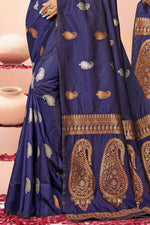 Navy Blue Saree In Silk Blend With Weaved Floral Motifs And Blouse Piece