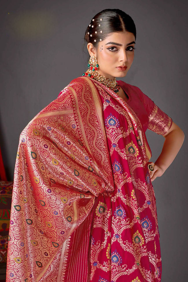 Pink Color Heavy Woven Silk Saree And Blouse Piece