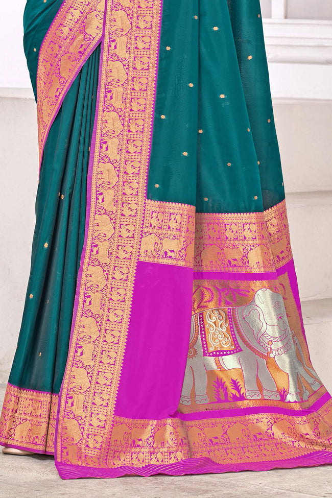 Teal Blue With Fushia Border Traditional Wear Art Silk Saree