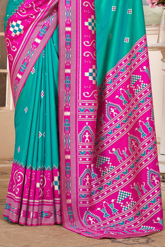 Aqua Blue With Pink Patola Printed Silk Classic Saree