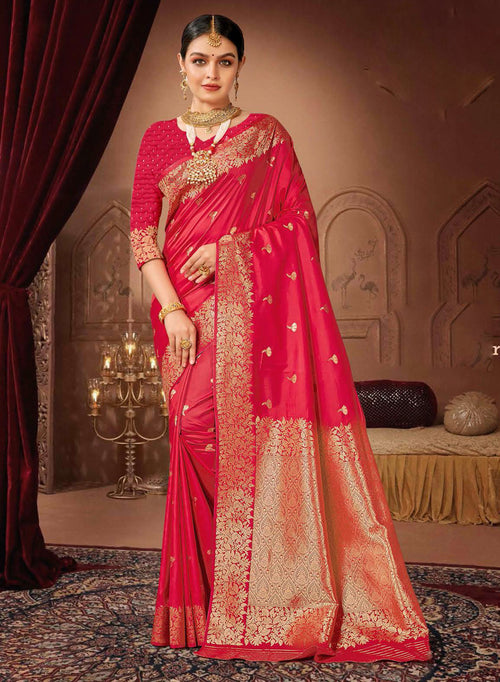 Red Banarasi Silk Saree With Woven Floral Motifs And Blouse Piece