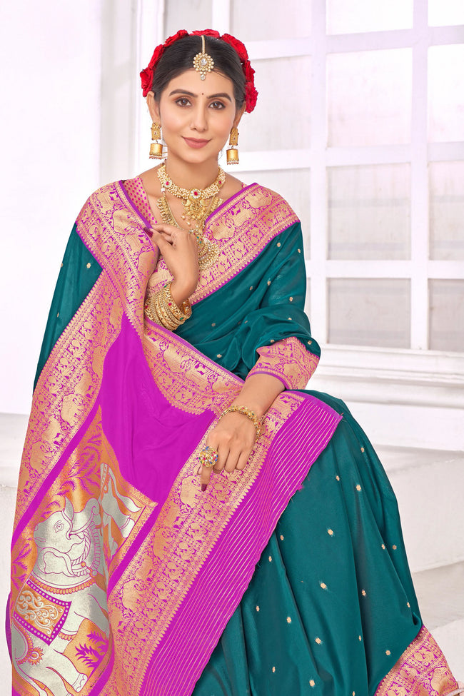 Teal Blue With Fushia Border Traditional Wear Art Silk Saree