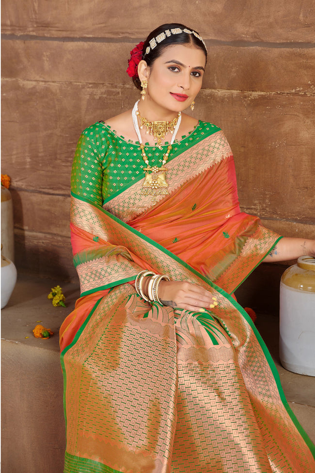 Orange With Green Border Silk Traditional Saree