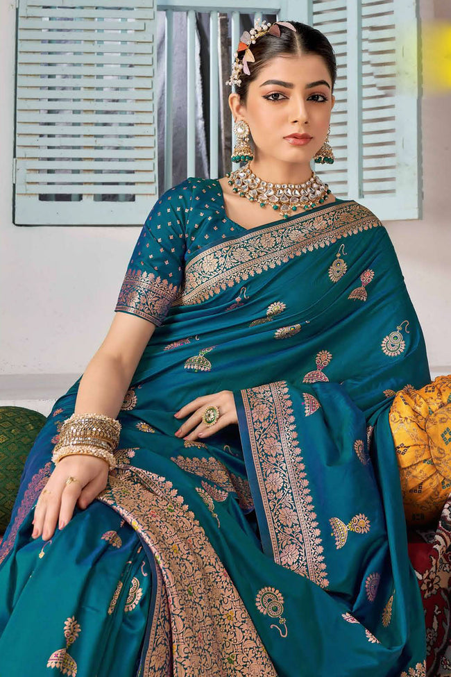 Stunning Blue Banarasi Silk Festival Traditional Saree With Blouse Piece