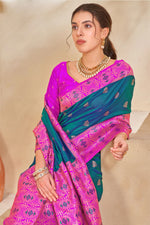 Teal Blue & Magenta Woven Festival Wear Silk Saree With Blouse Piece