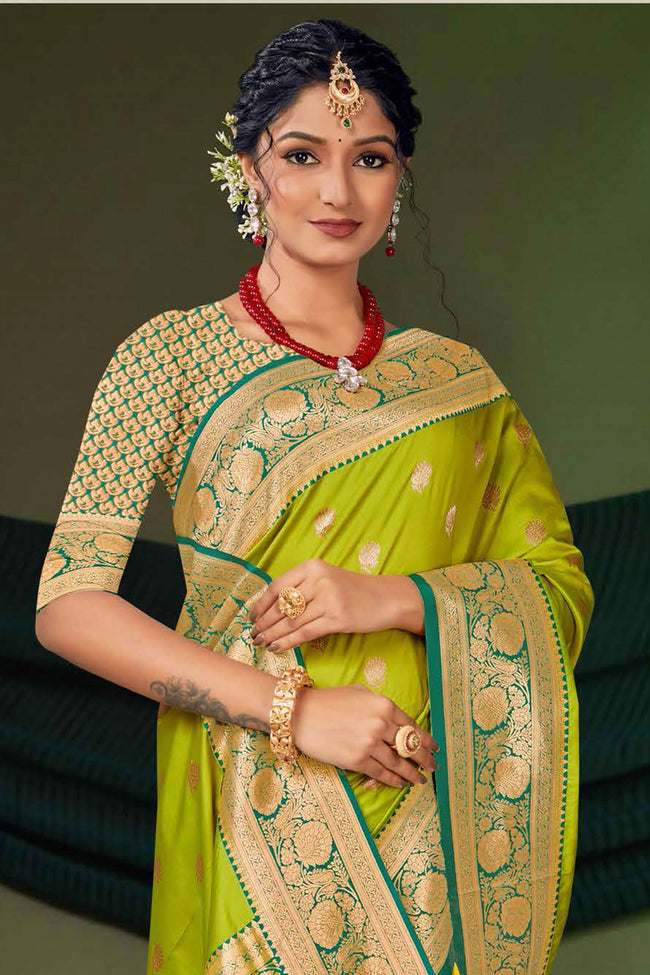 Light Green Woven Art Silk Saree With Blouse Piece