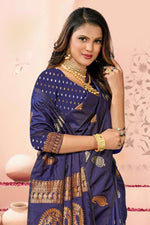 Navy Blue Saree In Silk Blend With Weaved Floral Motifs And Blouse Piece